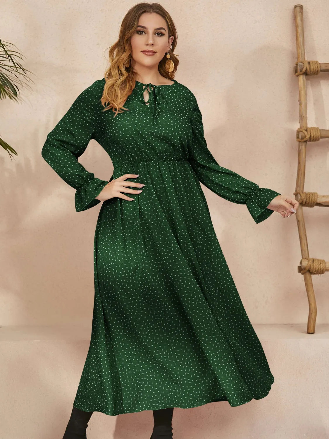 Honey Plus Size Ruffled Polka Dot Long Sleeve Midi Dress - Wellen Fashion