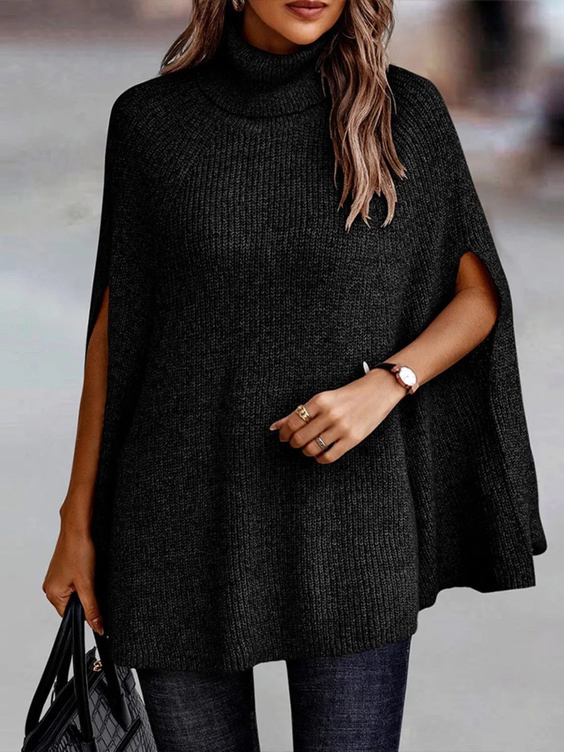 Turtleneck Dolman Sleeve Poncho - Wellen Fashion