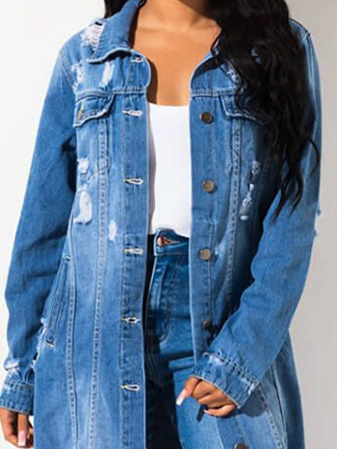 Long Sleeve Raw Hem Denim Jacket - Wellen Fashion