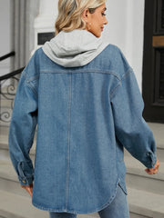 Removable Hood Button Up Long Sleeve Denim Jacket - Wellen Fashion