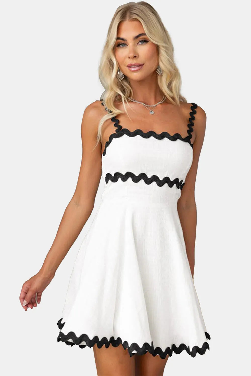 Contrast Trim Square Neck Mini Dress - Wellen Fashion