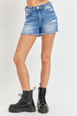 RISEN Full Size High Rise Distressed Raw Hem Denim Shorts - Wellen Fashion