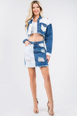 American Bazi Contrast Patched Frayed Denim Distressed Skirts - Wellen Fashion