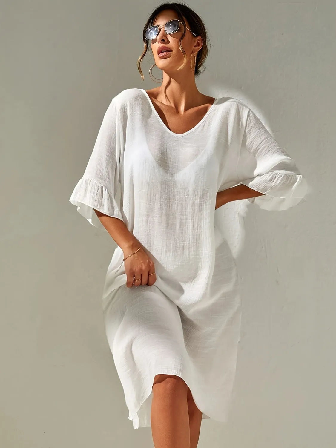 Slit V-Neck Flounce Sleeve Cover-Up - Wellen Fashion