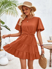 Crisscross Round Neck Flutter Sleeve Mini Dress - Wellen Fashion