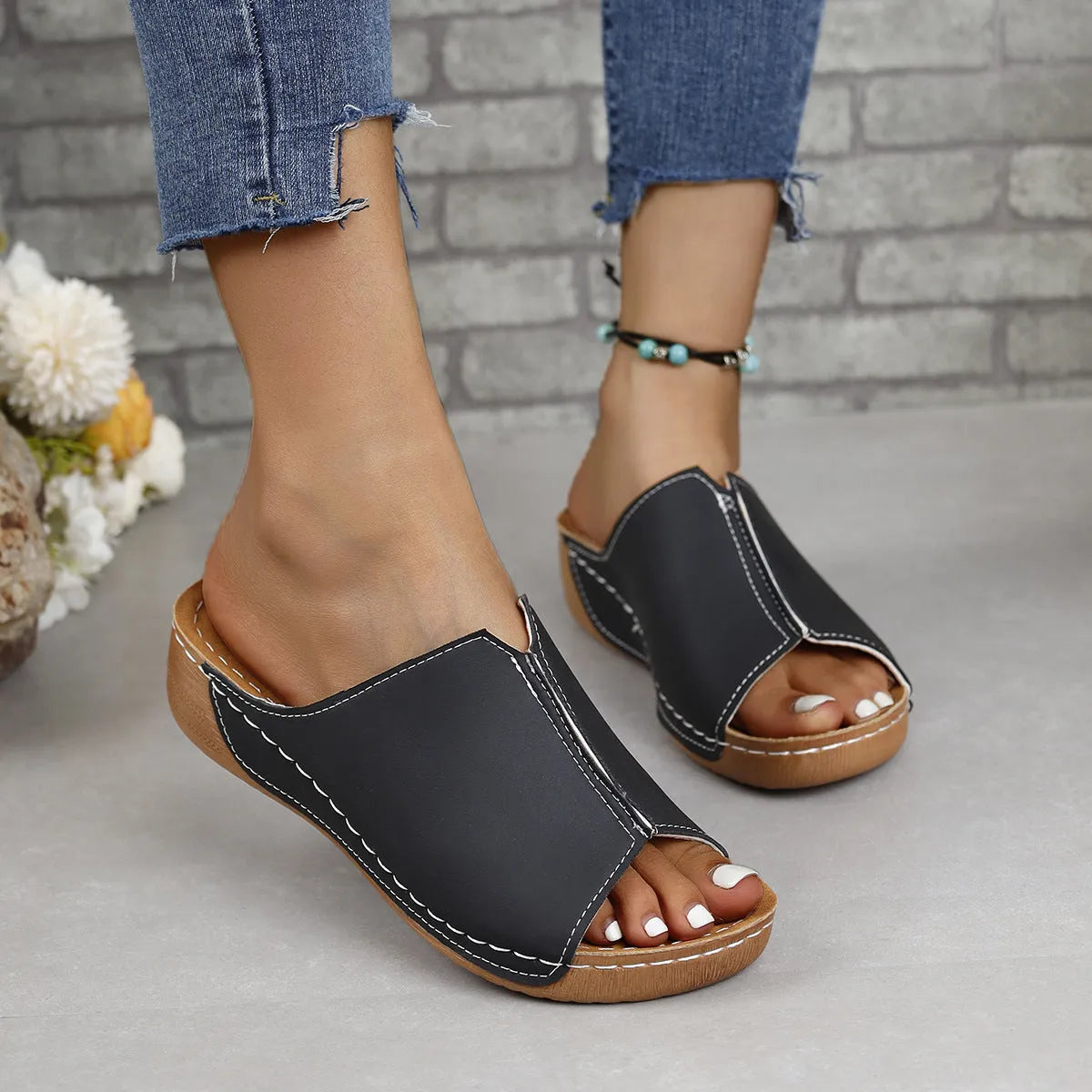 PU Leather Open Toe Sandals - Wellen Fashion