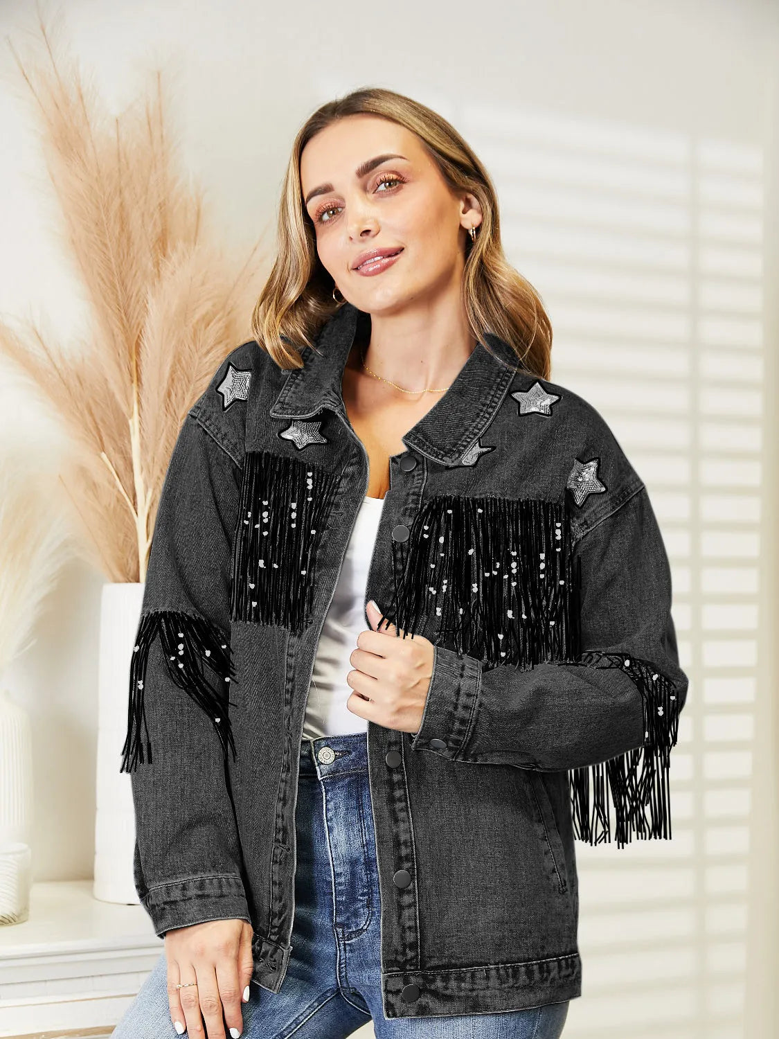 Fringe Detail Long Sleeve Denim Jacket - Wellen Fashion