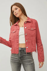 RISEN Raw Hem Button Up Cropped Denim Jacket - Wellen Fashion