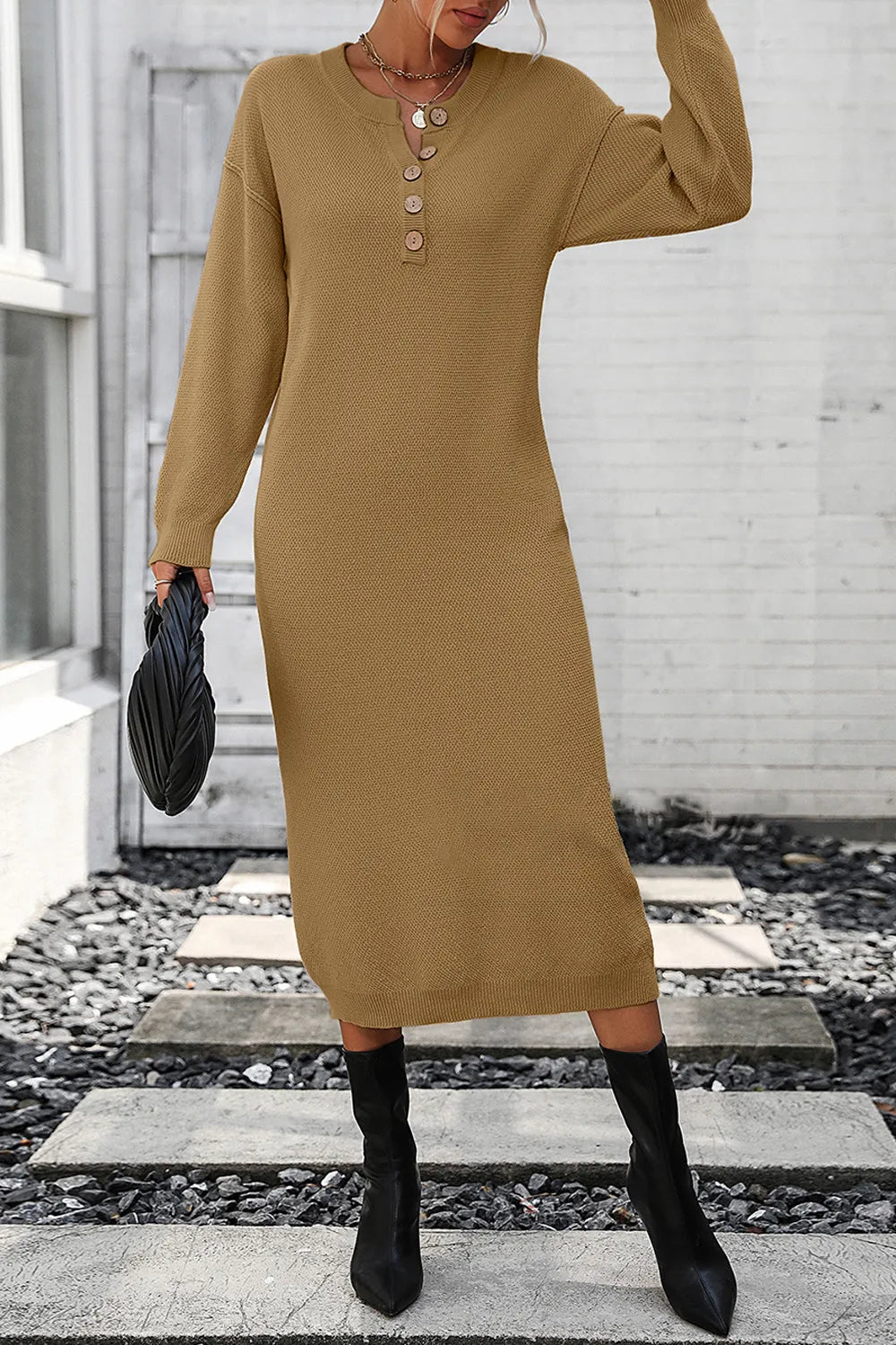 Decorative Button Notched Dropped Shoulder Sweater Dress - Wellen Fashion