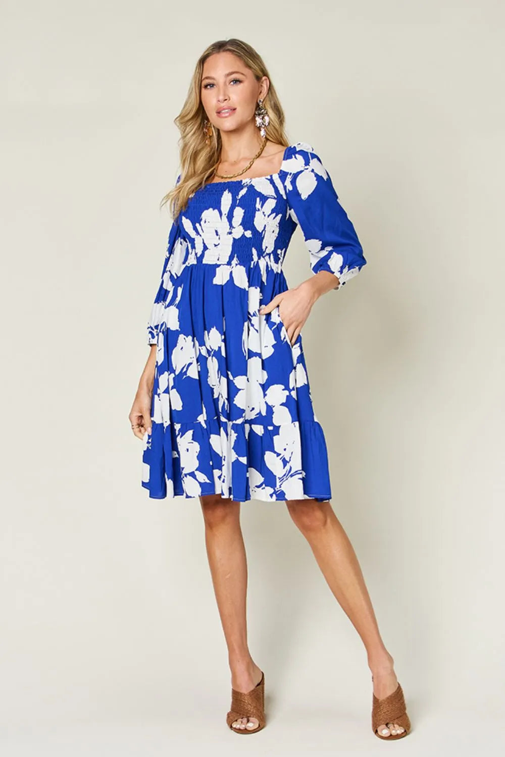 Double Take Full Size Floral Ruffle Hem Smocked Dress with Pockets - Wellen Fashion