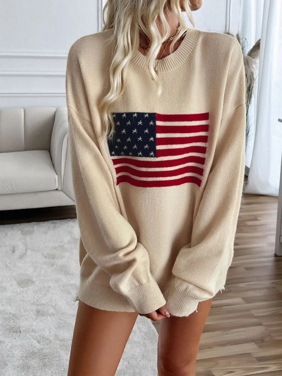 Devine US Flag Round Neck Long Sleeve Knit Top - Wellen Fashion