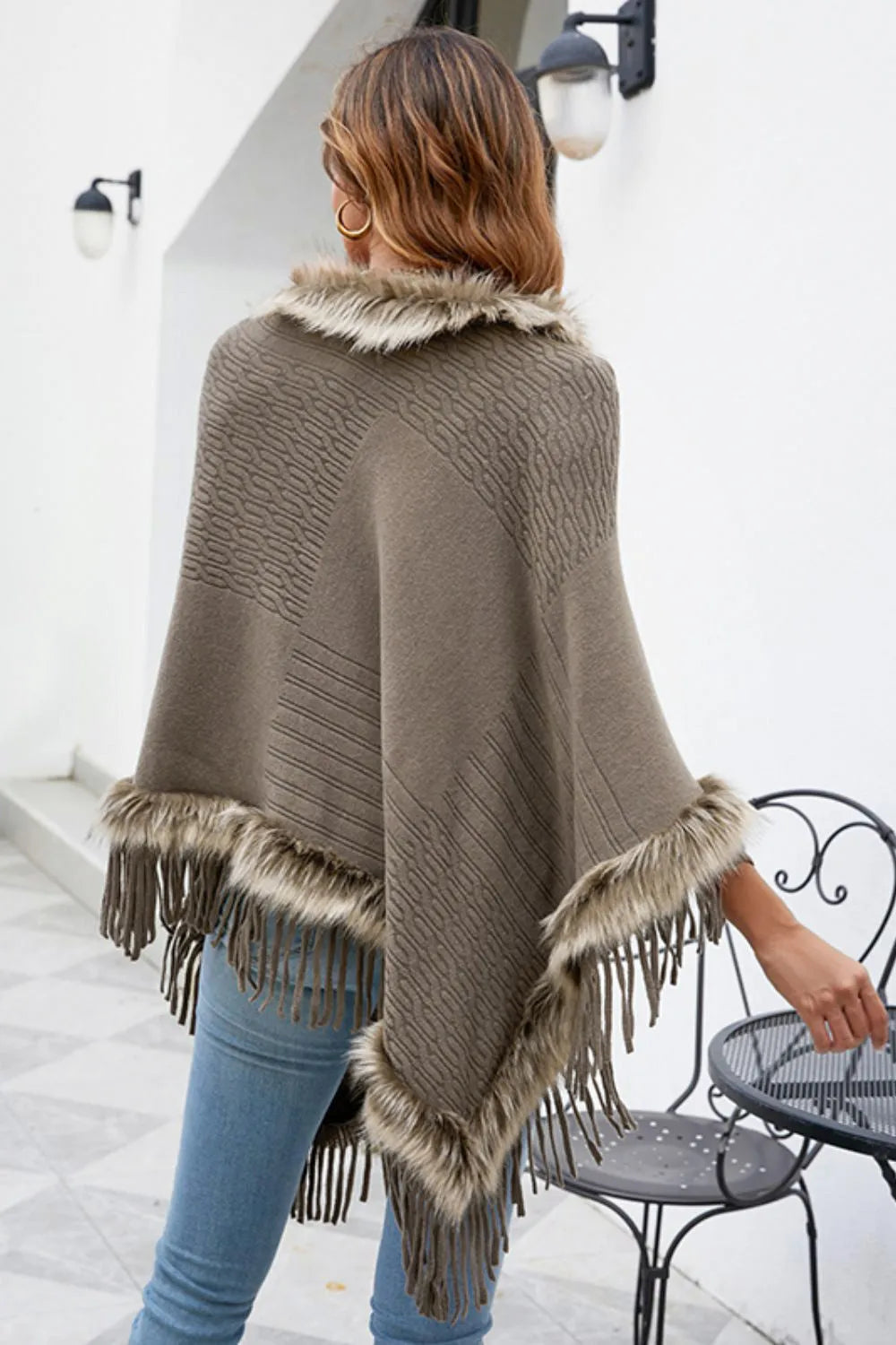 Faux Fur Trim Fringed Poncho - Wellen Fashion