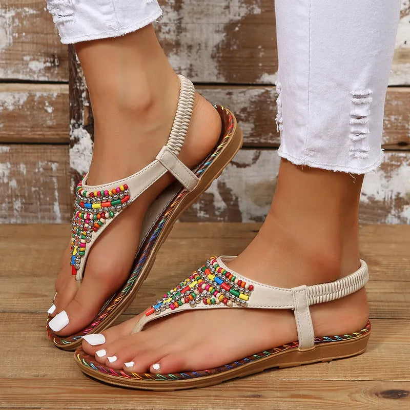 PU Leather Beaded Flat Sandals - Wellen Fashion