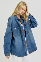 RISEN Full Size Snap Down Long Sleeve Denim Shacket - Wellen Fashion