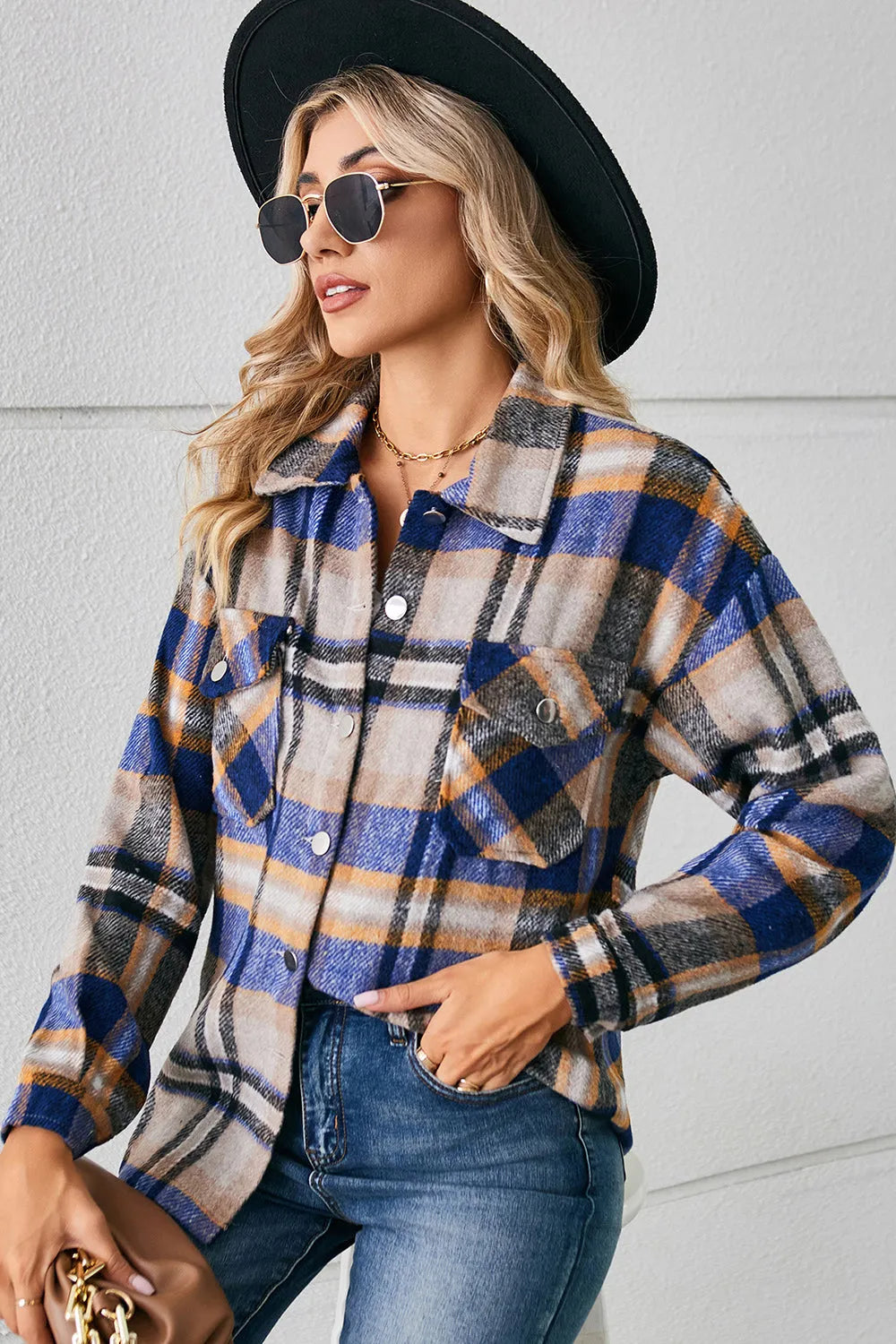 Collared Plaid Shacket - Wellen Fashion