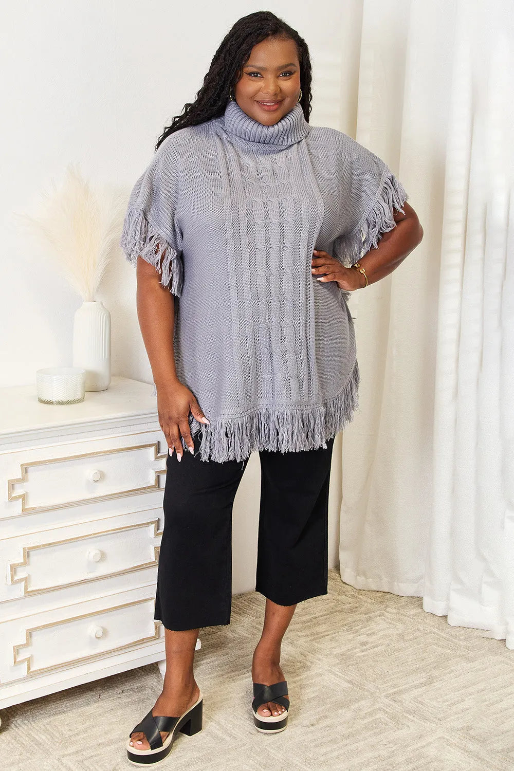 Justin Taylor Turtle Neck Fringe Poncho - Wellen Fashion