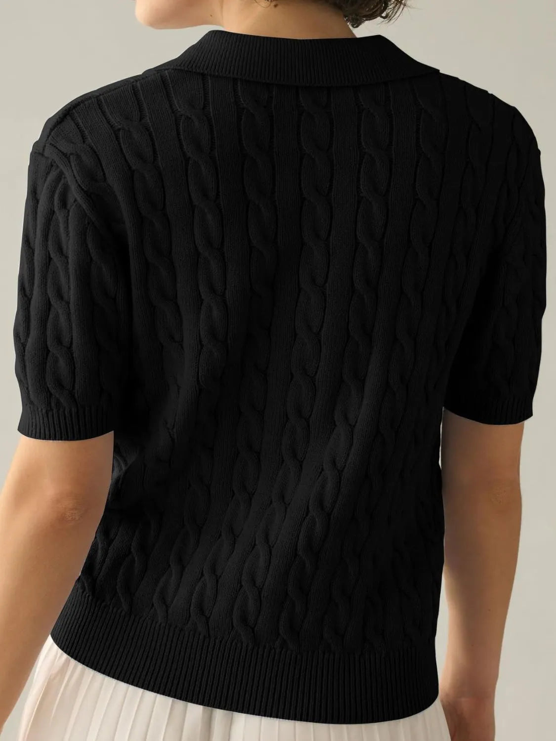 Cable-Knit Collared Neck Half Sleeve Sweater - Wellen Fashion