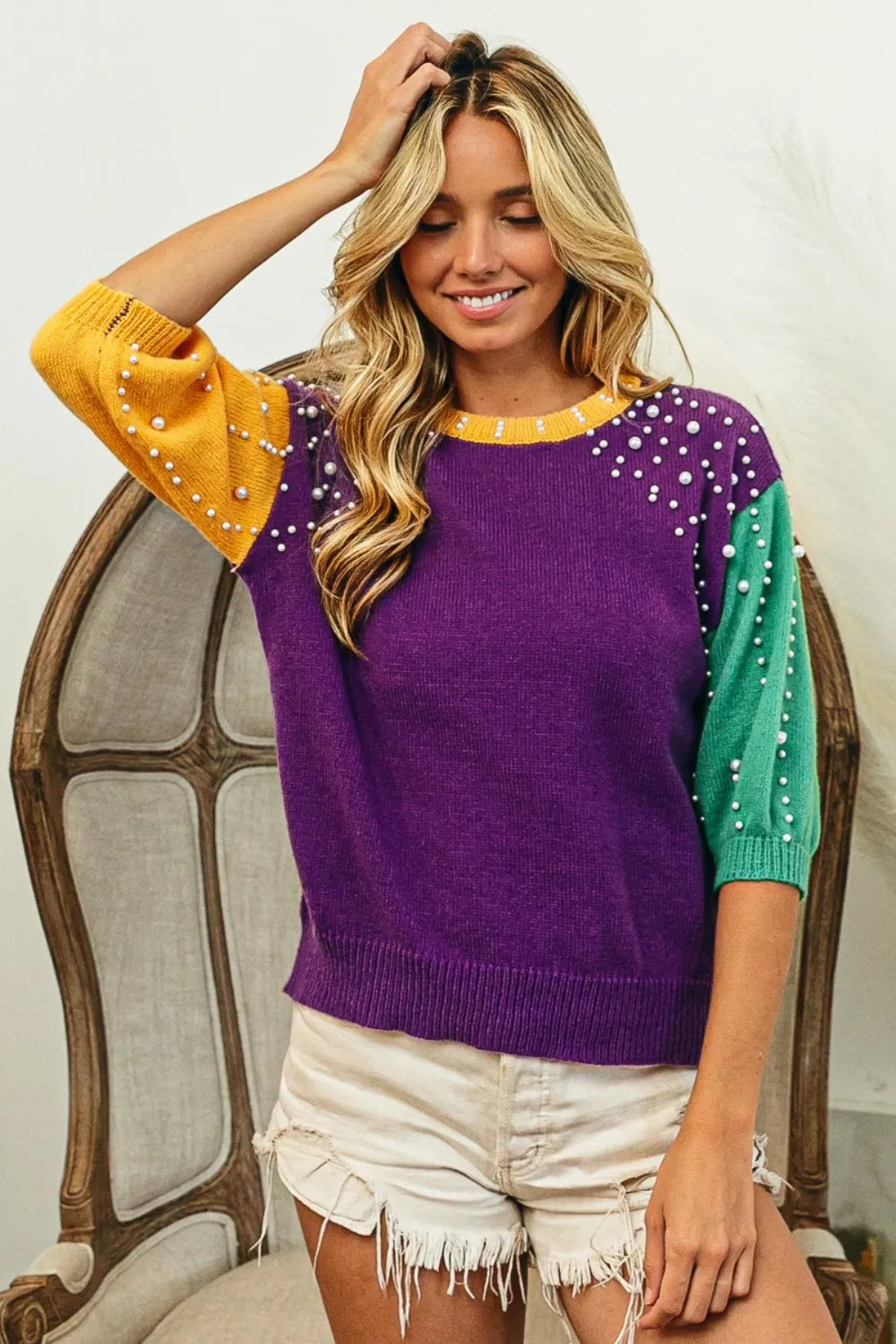 BiBi Color Block Pearl Detail Round Neck Sweater - Wellen Fashion