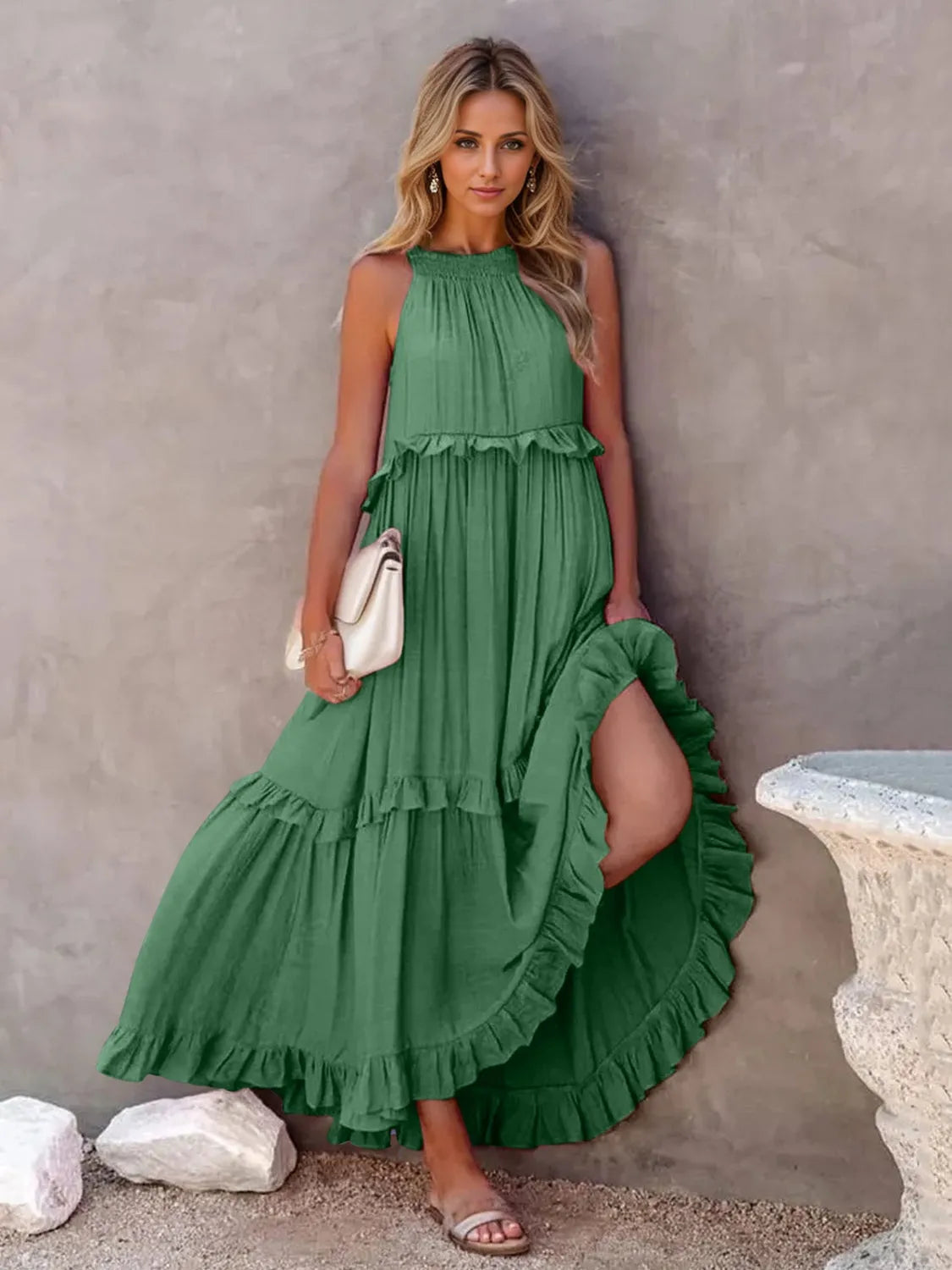 Ruffled Sleeveless Tiered Maxi Dress with Pockets - Wellen Fashion