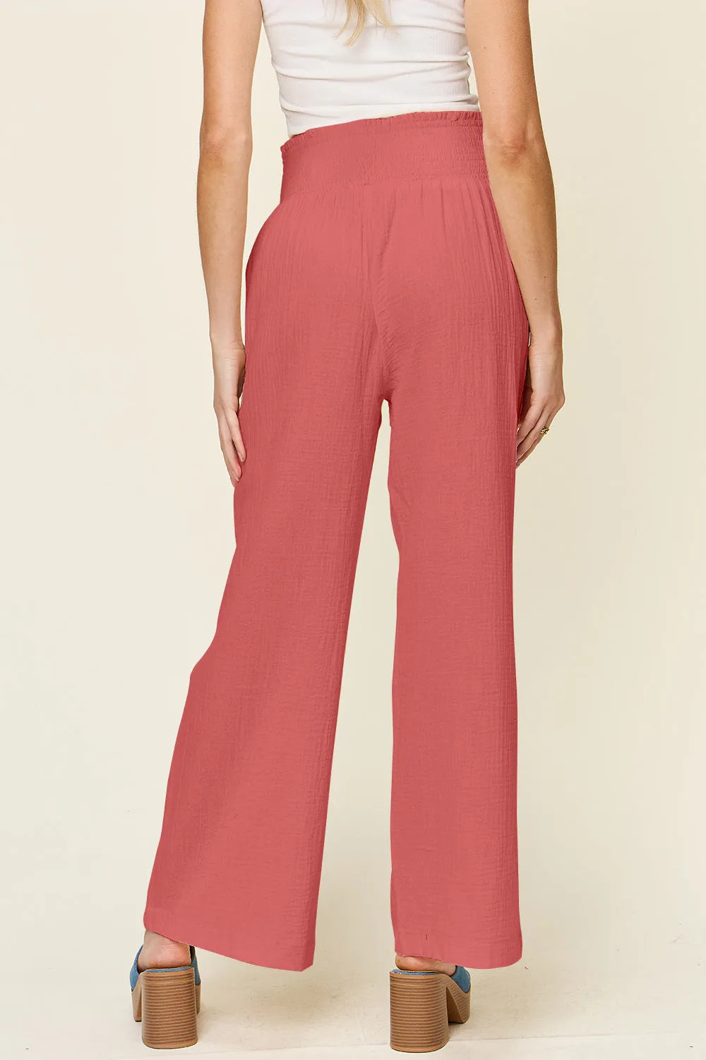 Double Take Full Size Texture Smocked Waist Wide Leg Pants - Wellen Fashion