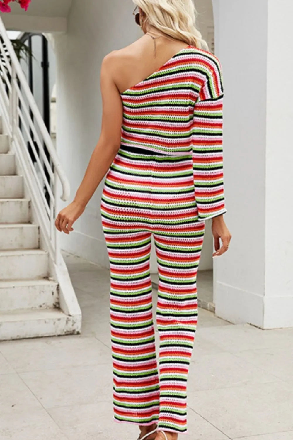 Striped Single Shoulder Top and Pants Knit Set - Wellen Fashion