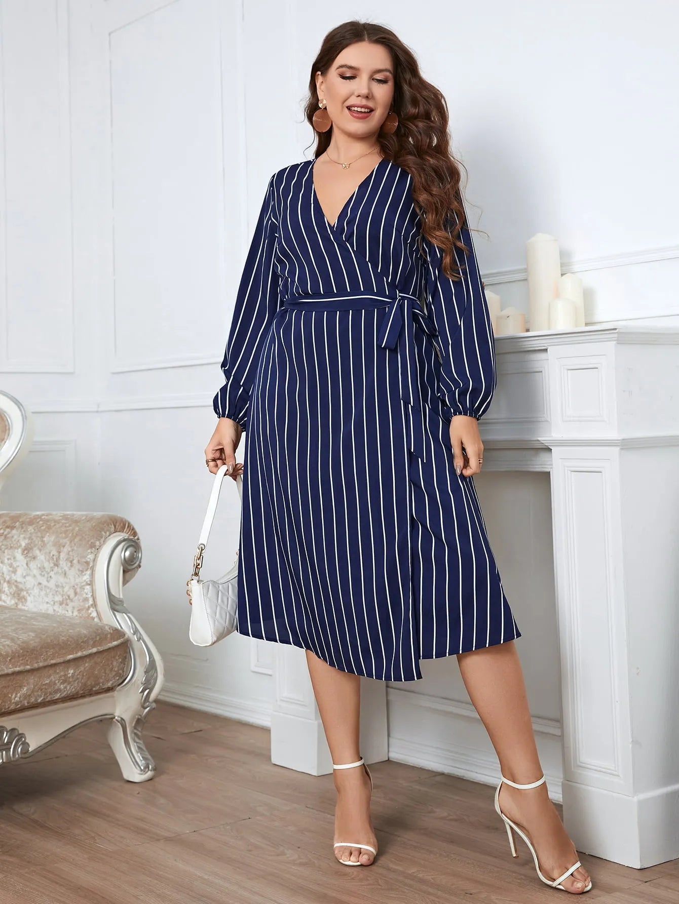 Honey Melo Apparel Plus Size Striped Surplice Neck Long Sleeve Dress - Wellen Fashion