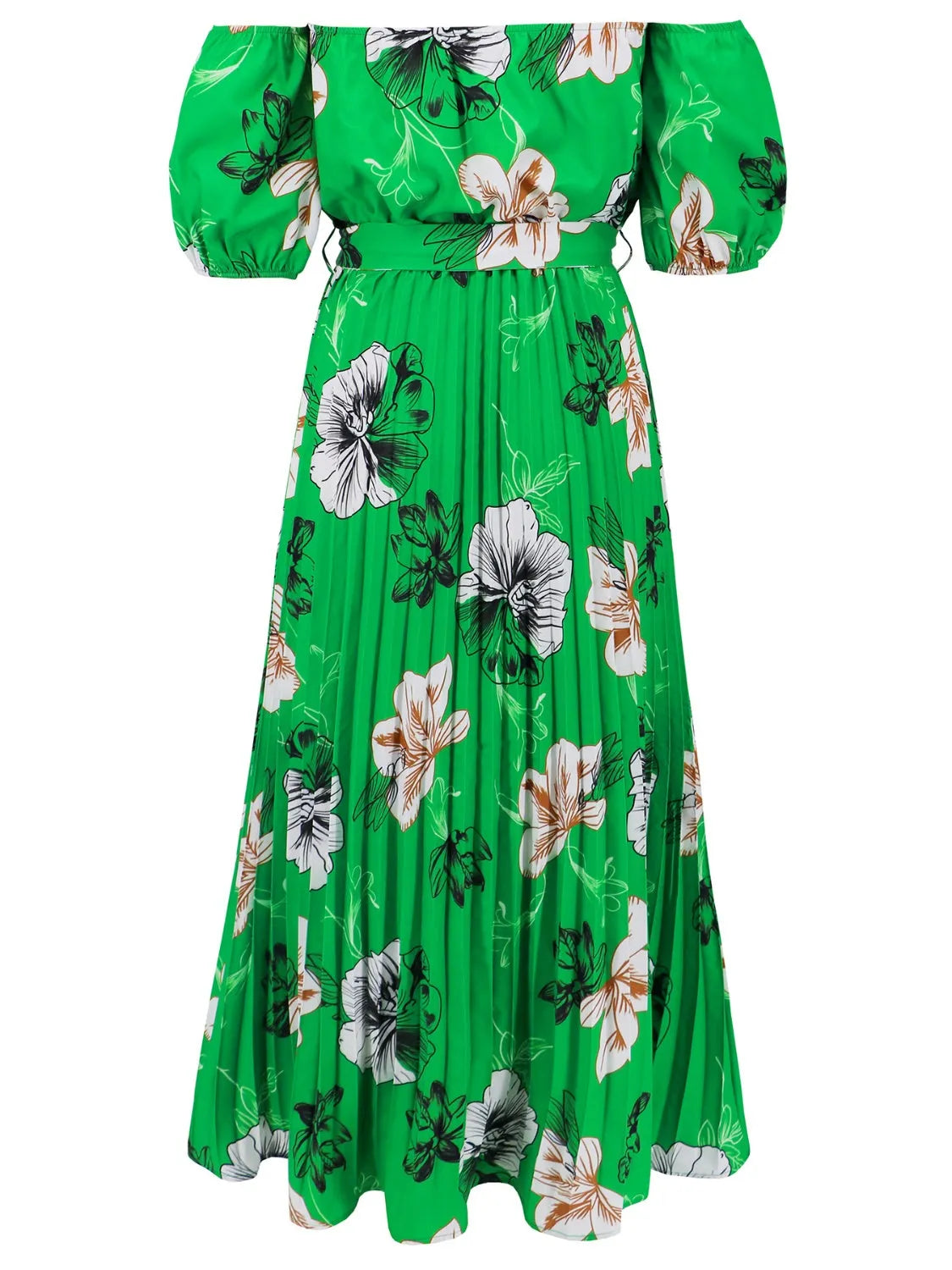 Pleated Floral Off-Shoulder Short Sleeve Midi Dress - Wellen Fashion