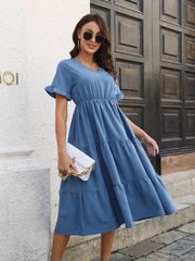 V-Neck Short Sleeve Midi Dress - Wellen Fashion