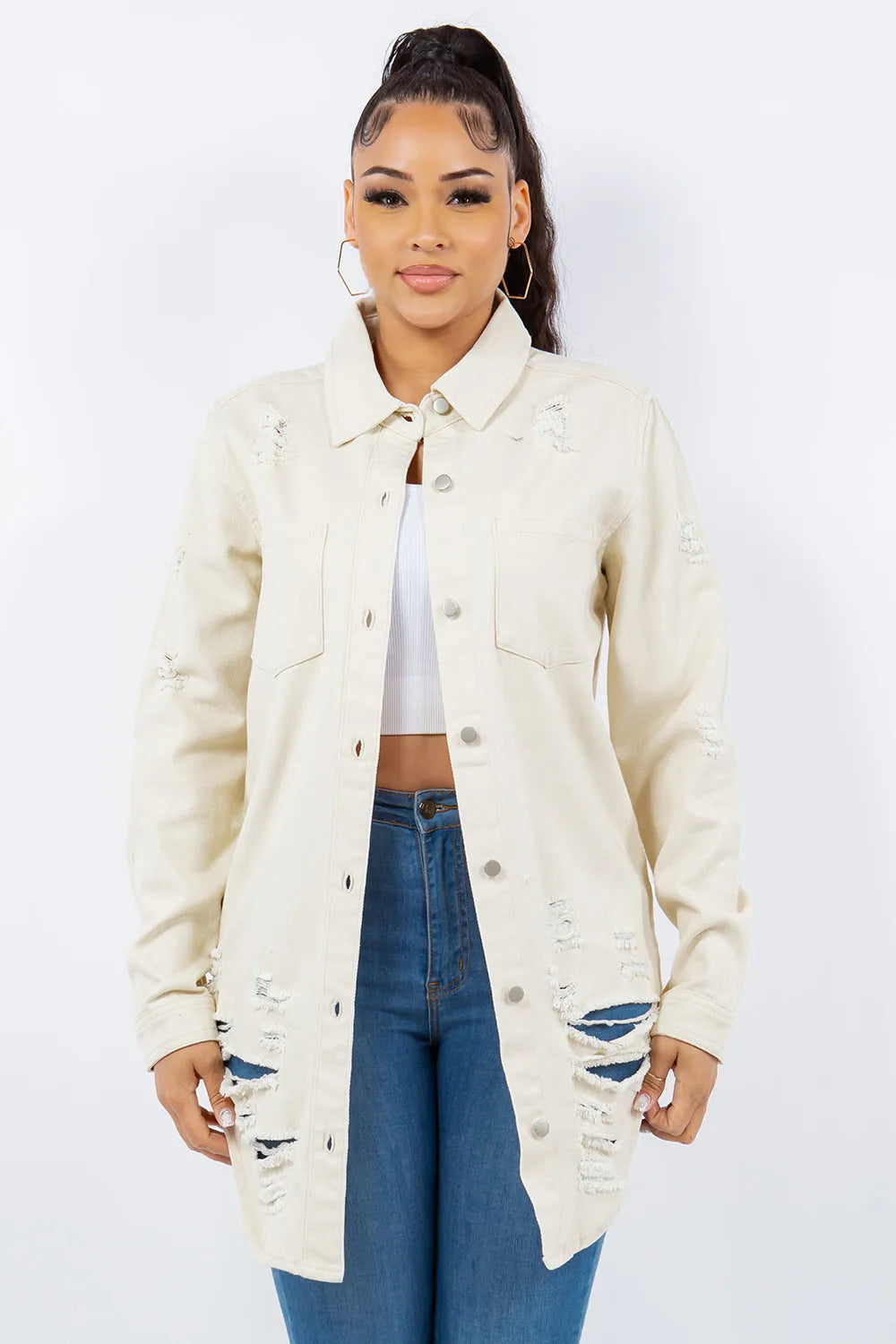 American Bazi Distressed Button Up Long Sleeve Denim Jacket - Wellen Fashion