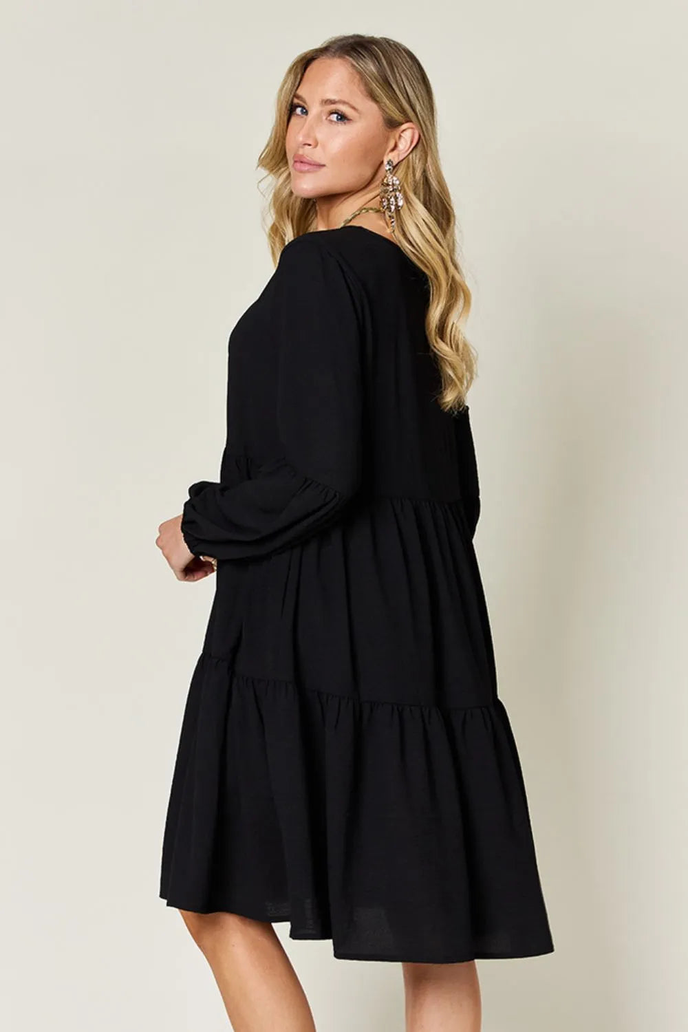 Double Take Full Size V-Neck Balloon Sleeve Tiered Dress with Pockets - Wellen Fashion