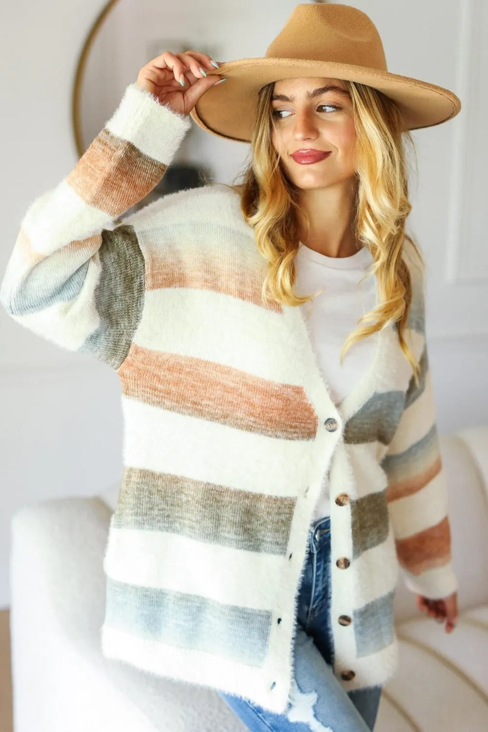 Haptics Full Size Button Down Stripe Soft Fuzzy Sweater Cardigan - Wellen Fashion