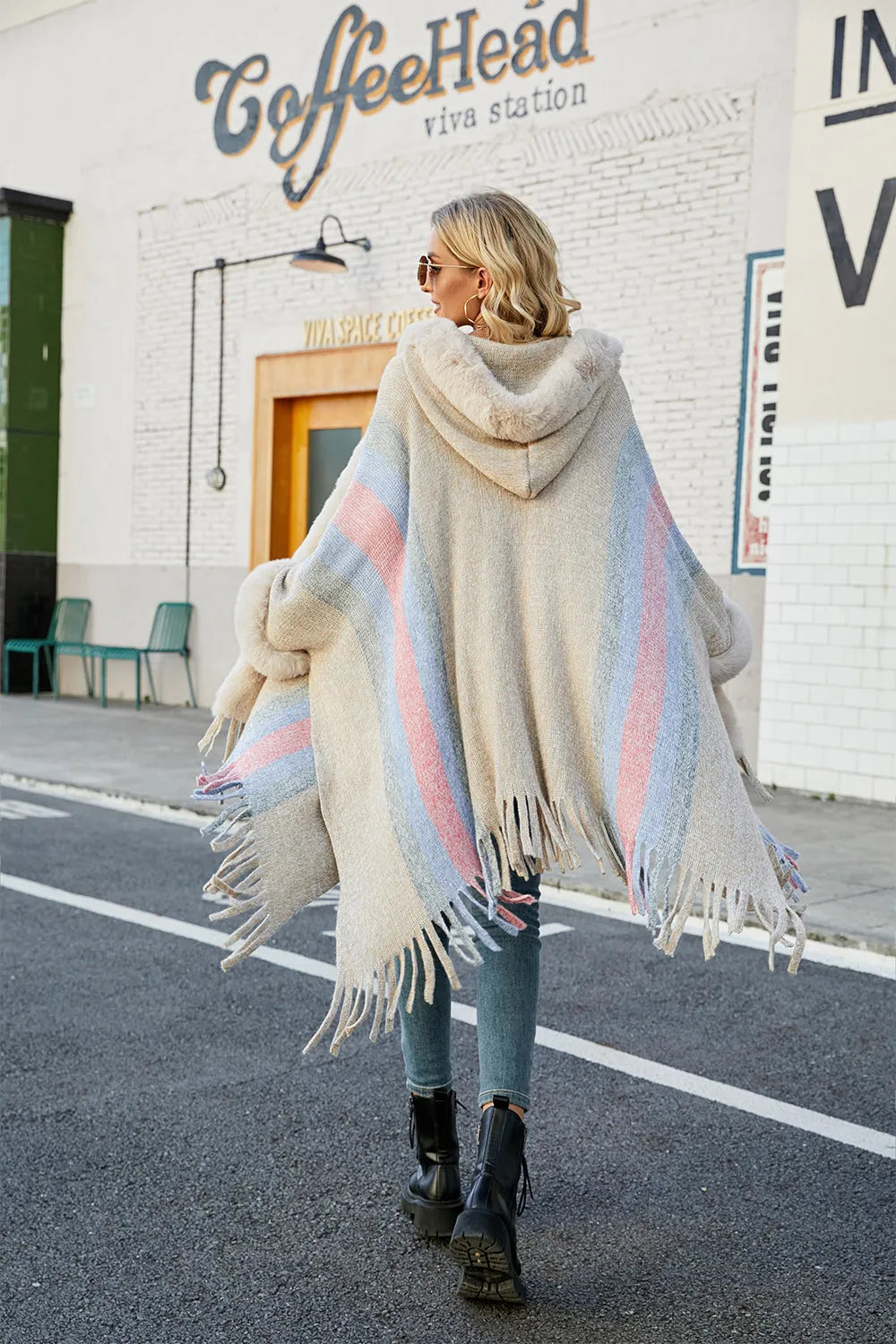 Color Block Fringe Detail Poncho - Wellen Fashion