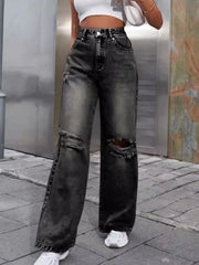 Distressed Wide Leg Jeans with Pockets - Wellen Fashion