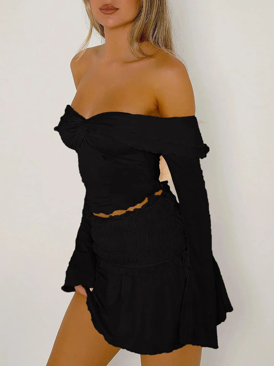 Devine Twisted Ruffled Off-Shoulder Long Sleeve T-Shirt - Wellen Fashion