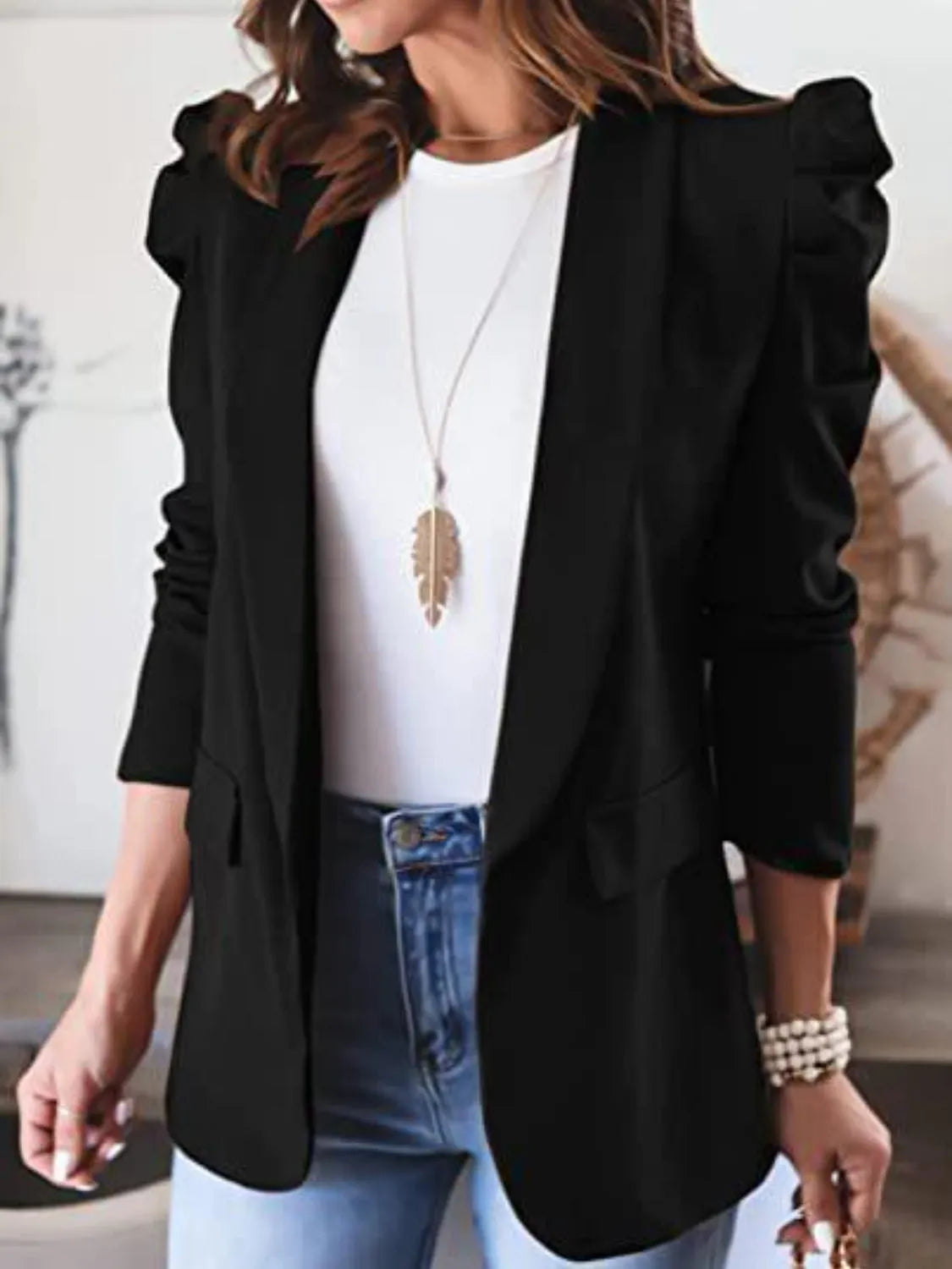 Collared Neck Puff Sleeve Blazer - Wellen Fashion