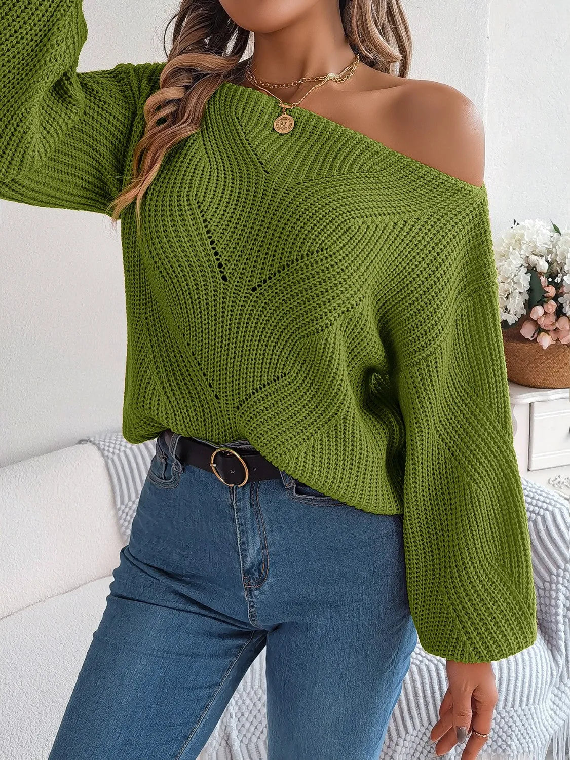 Openwork Long Sleeve Sweater - Wellen Fashion