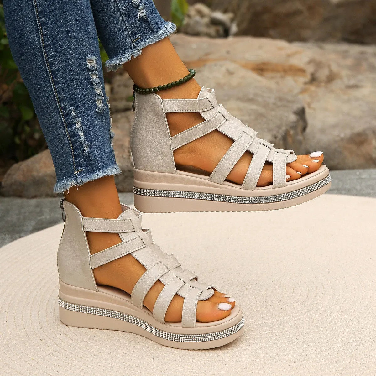 Cutout Rhinestone Trim Wedge Sandals - Wellen Fashion