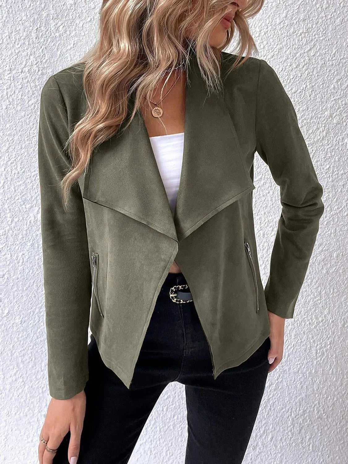 Collared Neck Long Sleeve Jacket - Wellen Fashion