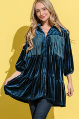 And The Why Fringe Detailed Velvet Shirt Dress - Wellen Fashion