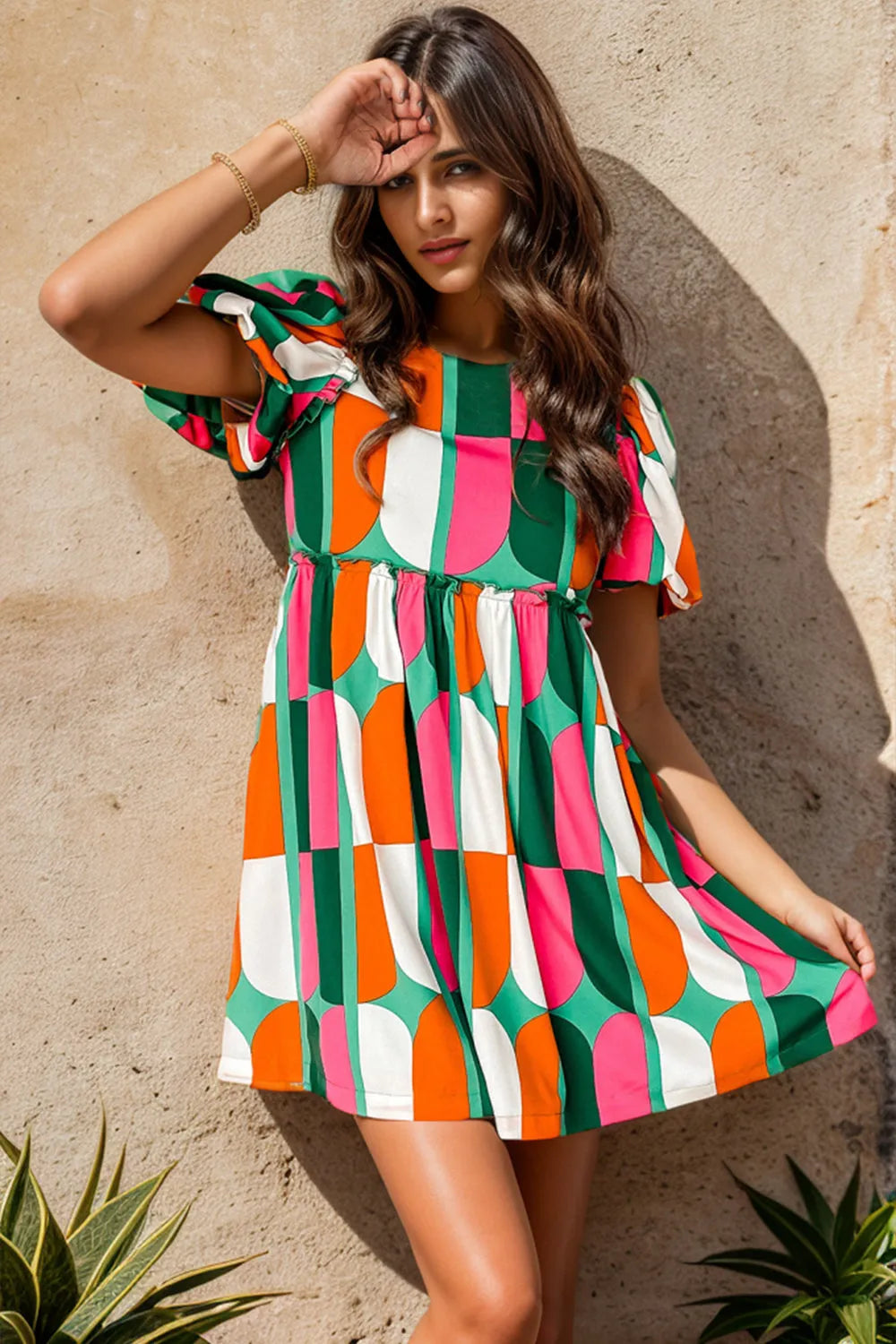 Color Block Round Neck Short Sleeve Dress - Wellen Fashion