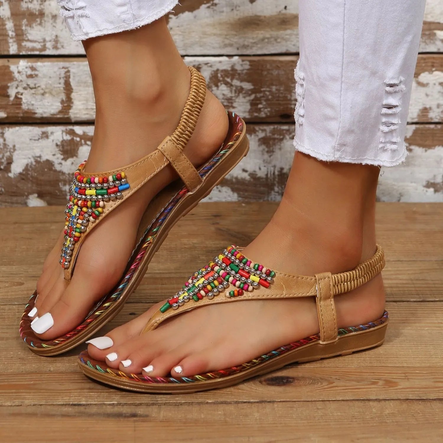 Beaded PU Leather Open Toe Sandals - Wellen Fashion