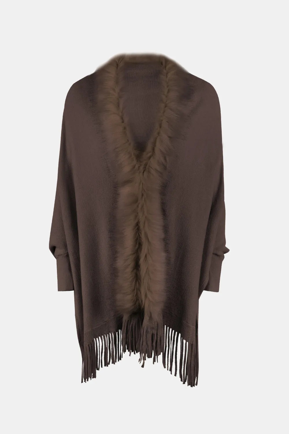 Fringe Open Front Long Sleeve Poncho - Wellen Fashion