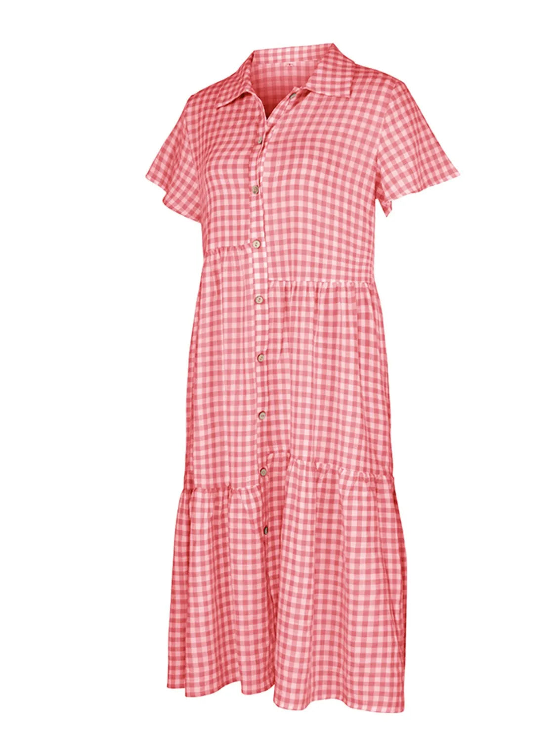 Button Up Plaid Short Sleeve Midi Dress - Wellen Fashion