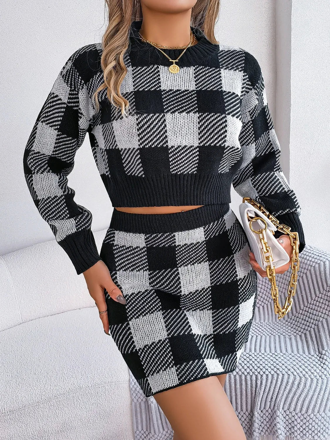 Plaid Round Neck Top and Skirt Sweater Set - Wellen Fashion