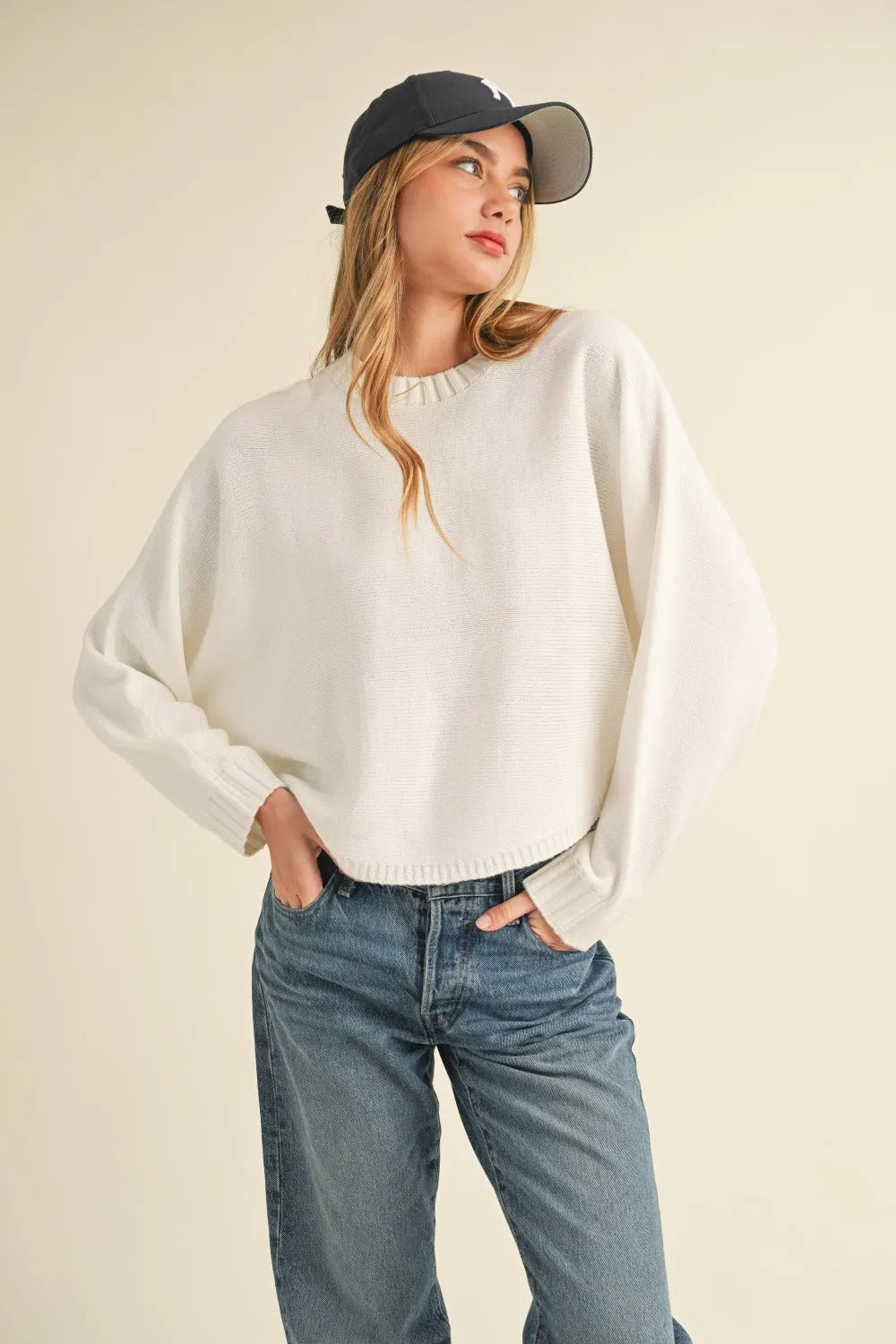 Mable Round Neck Dolman Sleeve Cropped Sweater - Wellen Fashion