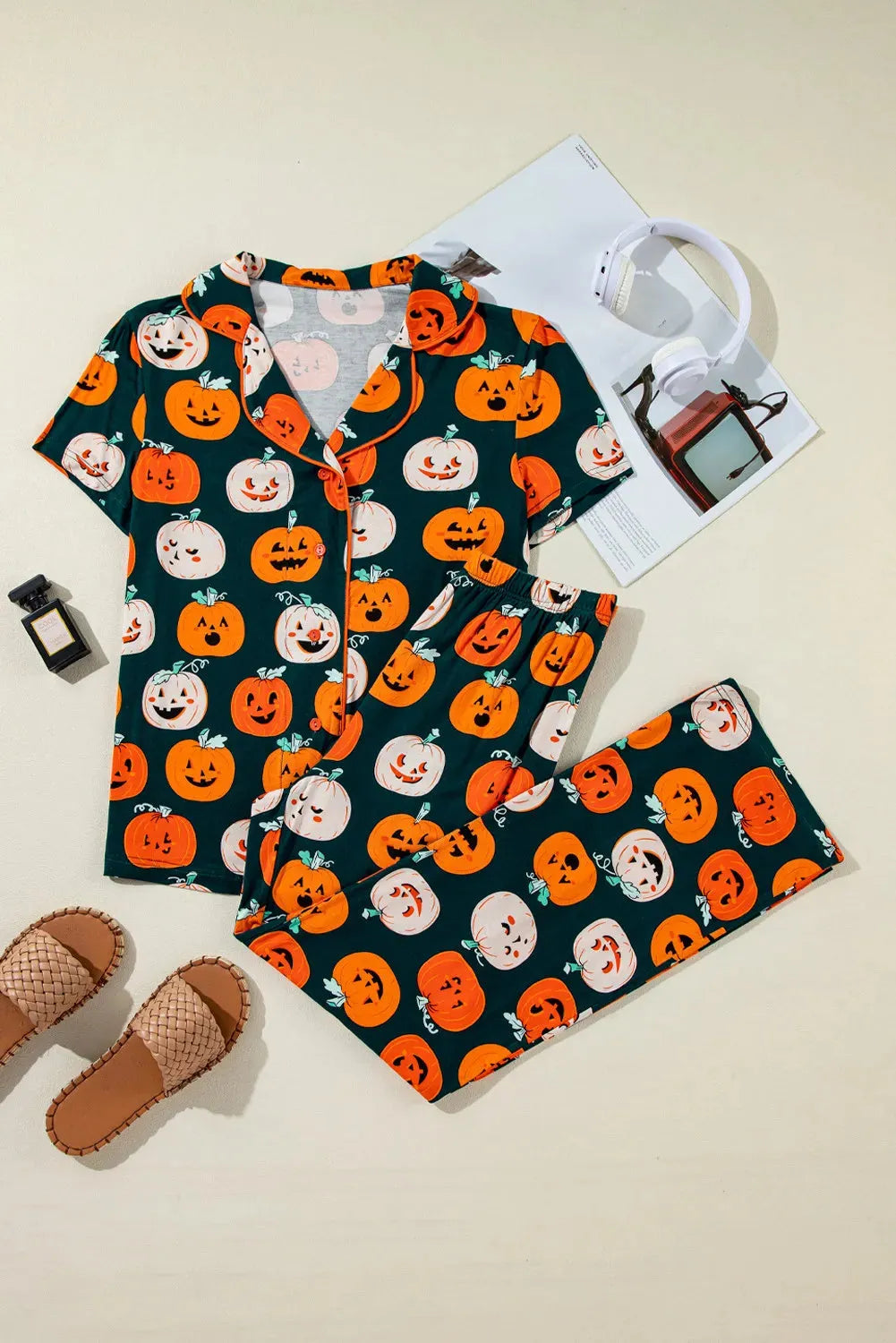 Pumpkin Printed Short Sleeve Top and Pants Lounge Set - Wellen Fashion