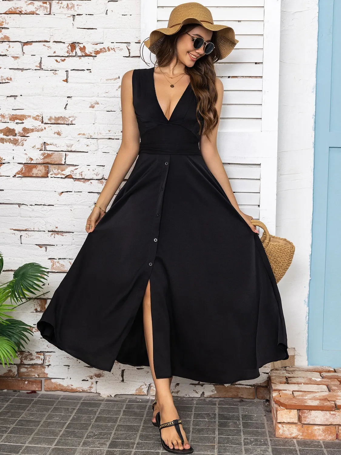 Full Size Slit V-Neck Sleeveless Midi Dress - Wellen Fashion