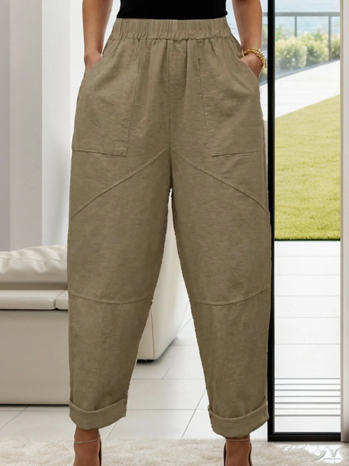 Elastic Waist Pants with Pockets - Wellen Fashion