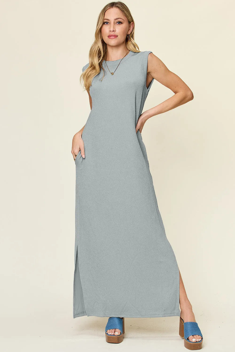 Double Take Full Size Texture Mock Neck Sleeveless Maxi Dress - Wellen Fashion