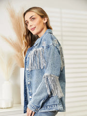 Fringe Detail Long Sleeve Denim Jacket - Wellen Fashion